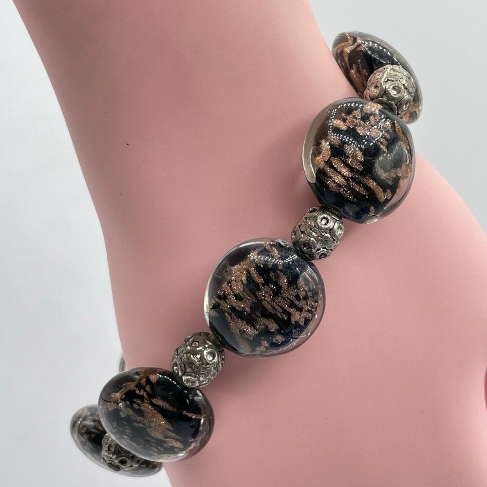 Stunning Statement Murano Glass Black Gold Shimmer Beaded Stretch Bracelet Boho